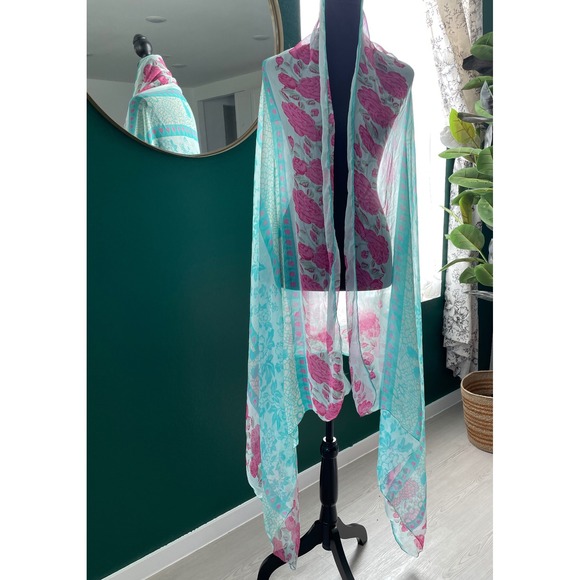 Lightweight Sheer Pink Blue Floral Scarf Shawl Wrap Cover Up Beach Pool Spring - Picture 1 of 6